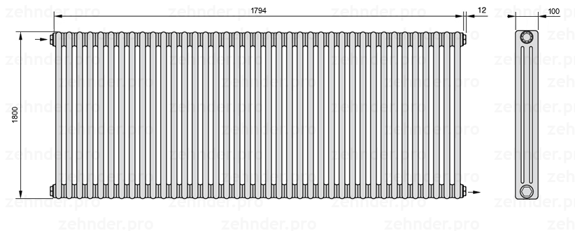 Схема (чертеж) Радиатор Zehnder Charleston 3180/39 №1670 Белый глянцевый RAL 9016